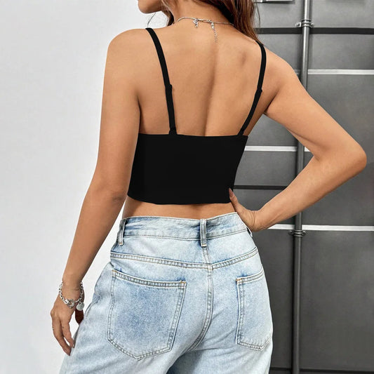 Trendy Women's Spring and Summer New Item Solid Color V-neck Sleeveless Slit Crop Cut Low Cut Top Clothes Shirts Blouses Woman